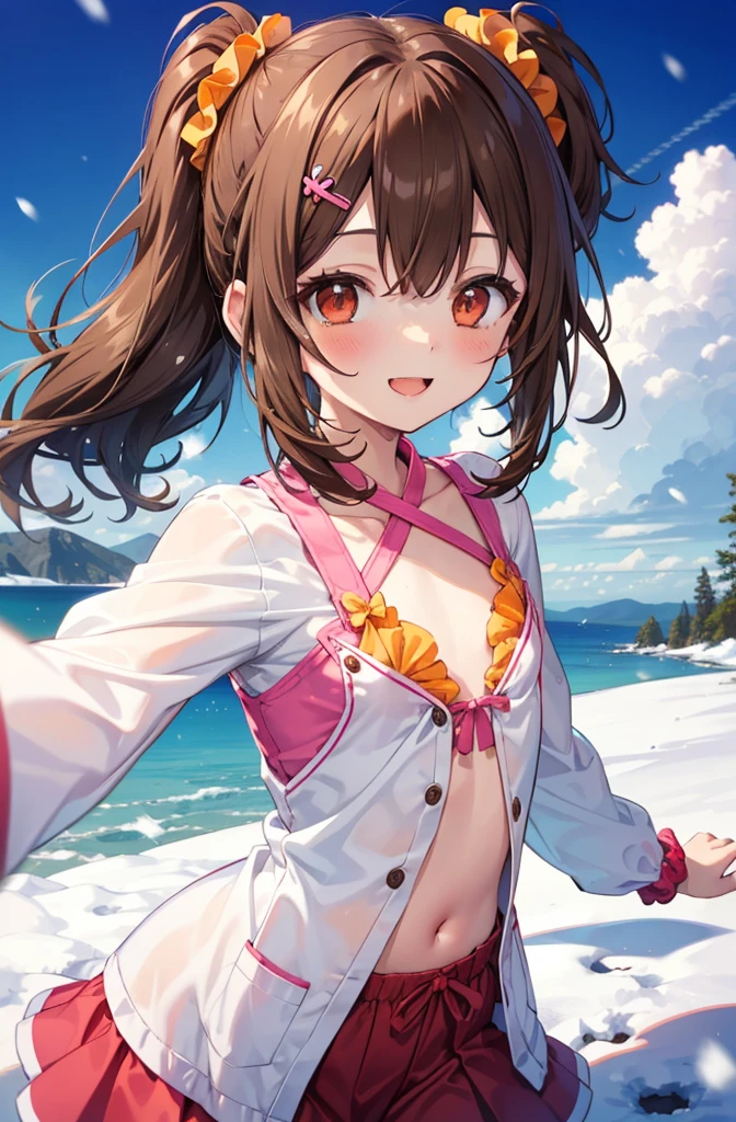 Follow Us, Yuki mandarin orange, (Brown eyes:1.5), Brown Hair, hair ornaments, hair Scrunchie, Long Hair, pink Scrunchie, Scrunchie, (Flat Chest:1.2),smile,,smile,blush,White Breath,
Open your mouth,snow,There's a bonfire on the ground, Outdoor, boots, snowing, From the side, wood, suitcase, Cape, Blurred, , forest, White handbag, nature, Squat, Mouth closed, Cape, winter, Written boundary depth, Black shoes, red Cape break looking at viewer, Upper Body, whole body, break Outdoor, forest, nature, break (masterpiece:1.2), Highest quality, High resolution, unity 8k wallpaper, (shape:0.8), (Beautiful and beautiful eyes:1.6), Highly detailed face, Perfect lighting, Extremely detailed CG, (Perfect hands, Perfect Anatomy),