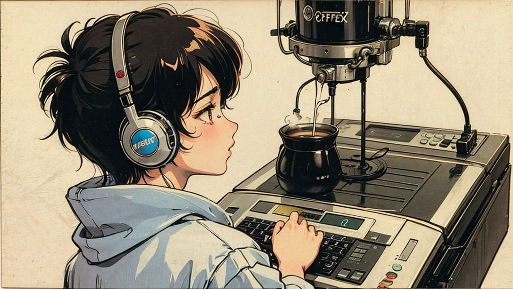1 boy, 80s anime style, I have headphones on, coffee, Retro, Lo-Fi