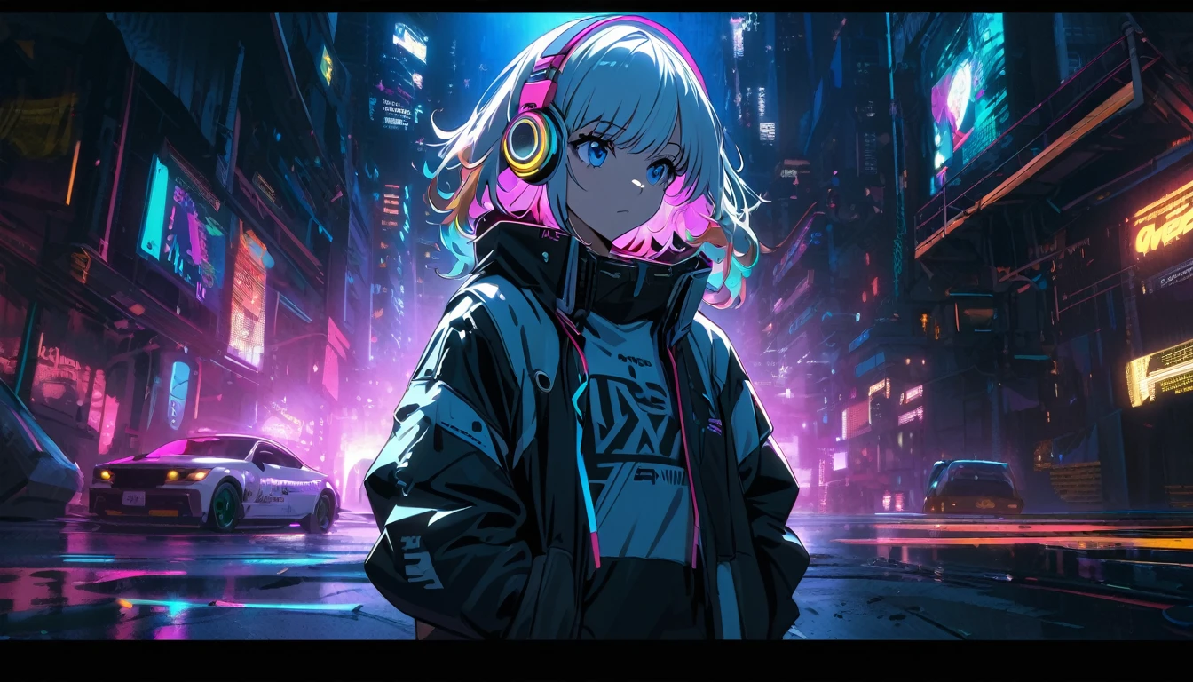 Handsome cute, Solitary, 1 female, Medium Length Hair, white hair, Rainbow hair, blue Eyes, Rainbow headphone, hip-hop stile, Futuristic, Cyberpunk, Cybernetics panoramic, in the night, looking away, Dj