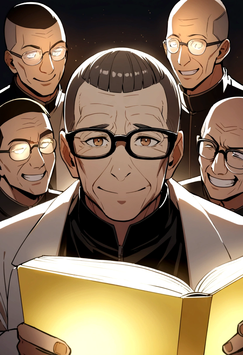 60 year old man with crew cut, brown eyes, black glasses, black high collar long sleeve shirt, white jacket, likes books