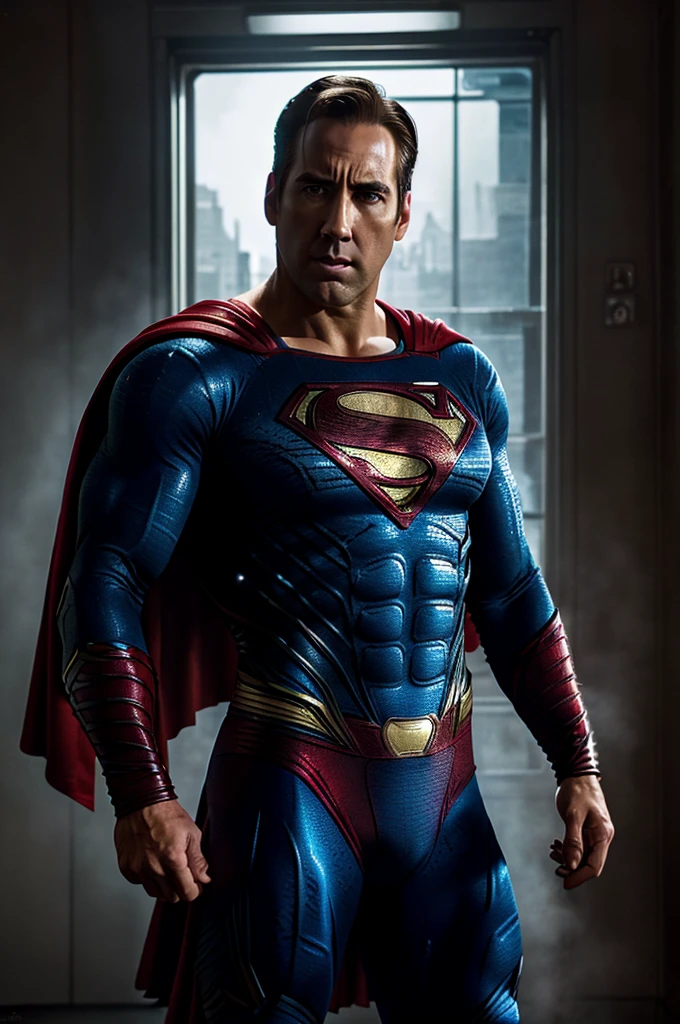 a close up of a man in a superman costume holding a gun, nicholas cage as superman, inspired by Zack Snyder, nicolas cage as superman, dwayne johnson as superman, by Zack Snyder, superman, tom hanks as superman, superman pose, justin hartley as superman, textless, zack snyder 3 8 4 0 x 2 1 6 0, movie still 8 k
