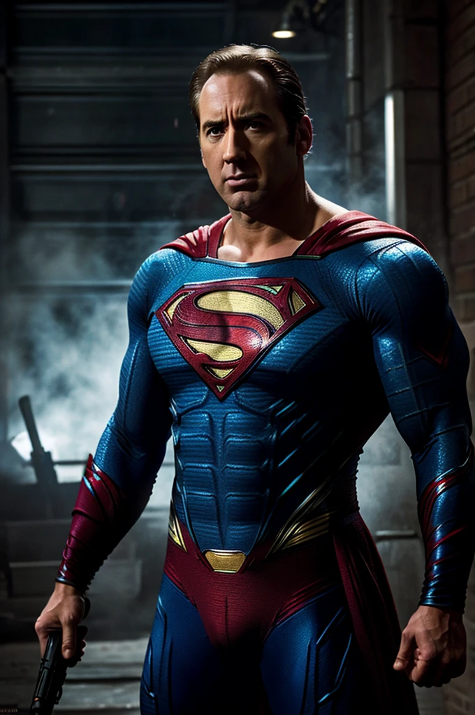 a close up of a man in a superman costume holding a gun, nicholas cage as superman, inspired by Zack Snyder, nicolas cage as superman, dwayne johnson as superman, by Zack Snyder, superman, tom hanks as superman, superman pose, justin hartley as superman, textless, zack snyder 3 8 4 0 x 2 1 6 0, movie still 8 k