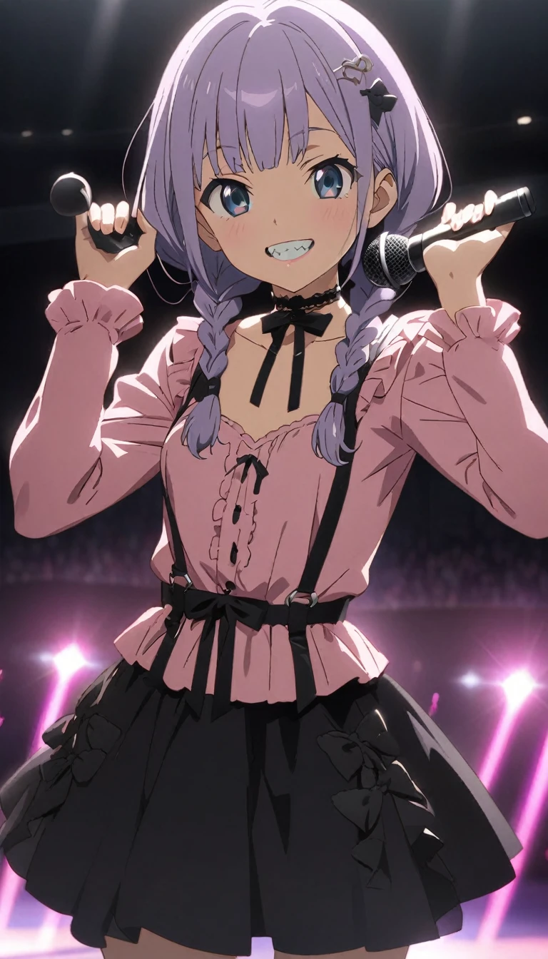 (Cute a girl:1.5), ((a girl with closs hair pin,pale purple hair,wavy two braids,bluntbangs hair,green and black eyes,
pink shirt,cosplay, jirai kei, bangs, black skirt, black bow, looking at viewer, bow, long sleeves, choker, ribbon,pink lips,Thick-soled boots,fullbody shot :1.4),boots focus,
(masterpiece:1.3), anime visual, small breast,slim,The girl holds the microphone in both hands and singing ,A pose with hands raised straight up, show the teeth.:1.4),(masterpiece:1.3), anime visual, (Lovey-dovey:1.5), (tilt head:1.3), extremely delicate face, soft clean focus, realistic lighting and shading, (an extremely delicate and beautiful art:1.3), elegant, small breast,slim,smiling,The dazzling lights of the concert venue, the countless purple glow sticks,