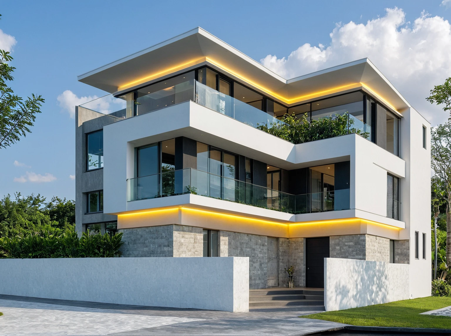 Masterpiece, high quality, best quality, authentic, super detail, outdoors, onestoreyvillaXL, aiaigroup, house style modern on the street ,stairs, white wall ,road,pavement, grass, trees, sky, cloud, (daylight:1.1),((pool front of villa))