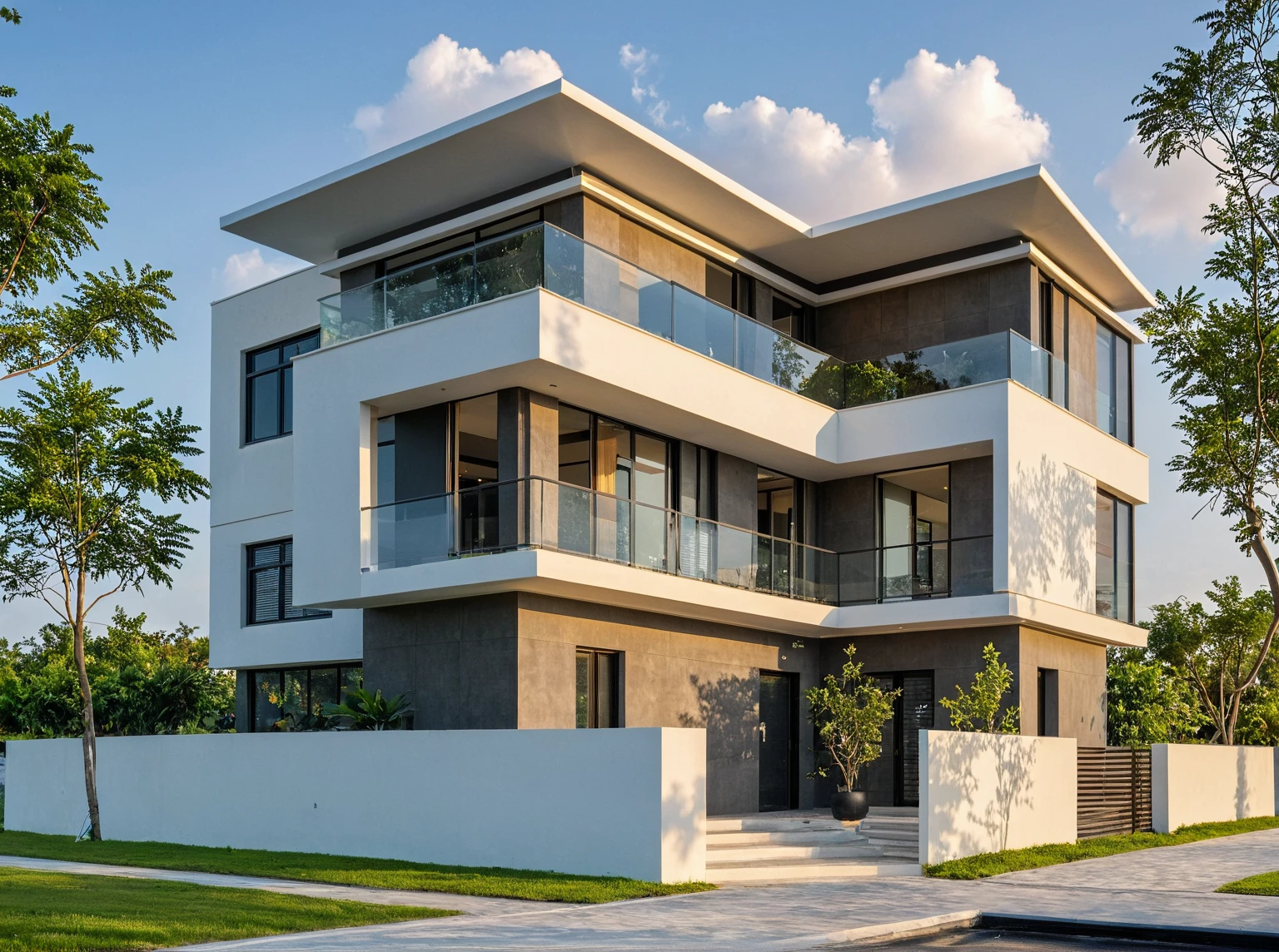 Masterpiece, high quality, best quality, authentic, super detail, outdoors, onestoreyvillaXL, aiaigroup, house style modern on the street ,stairs, white wall ,road,pavement, grass, trees, sky, cloud, (daylight:1.1),((pool front of villa))

