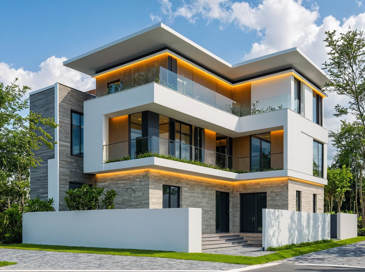 Masterpiece, high quality, best quality, authentic, super detail, outdoors, onestoreyvillaXL, aiaigroup, house style modern on the street ,stairs, white wall ,road,pavement, grass, trees, sky, cloud, (daylight:1.1),((pool front of villa))
