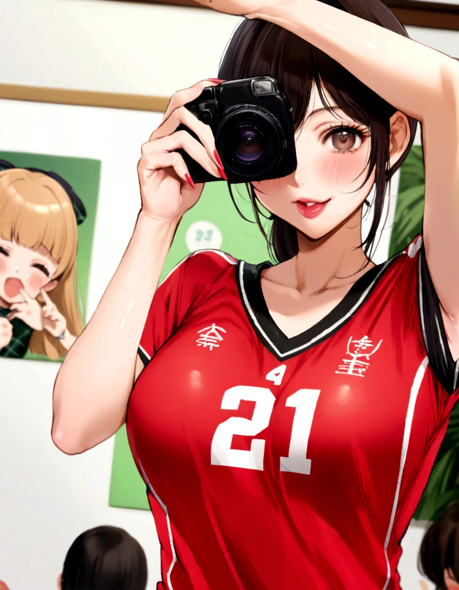 A woman in a red shirt is taking a picture, Wearing a volleyball jersey, realistic Young Gravure Idol, sakimichan hdri, Young Gravure Idol, Japanese Model, Young and cute gravure idol, aoshima Chiho, Young and sexy gravure idol, Chiho, Young and skinny gravure idol, 