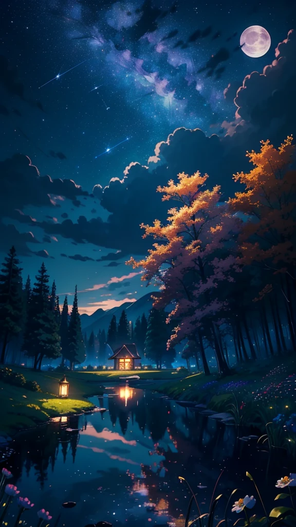 master part, gorgeous, landscape, (((NO_Humans))), evening, flower, garden, starry sky, constellations,((full moon)) , awesome, vista, water, hot, Cozy, peaceful, Meteor, cosmic, Magic, Magic, particles, Fair, ((fireflys))