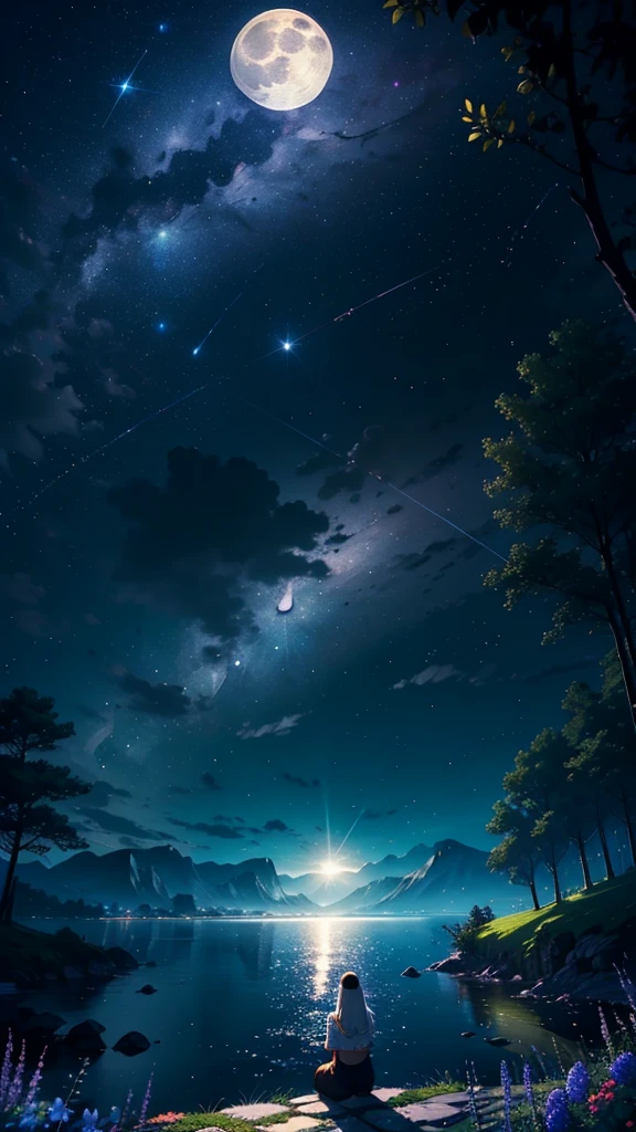 master part, gorgeous, landscape, (((NO_Humans))), evening, flower, garden, starry sky, constellations,((full moon)) , awesome, vista, water, hot, Cozy, peaceful, Meteor, cosmic, Magic, Magic, particles, Fair, ((fireflys))