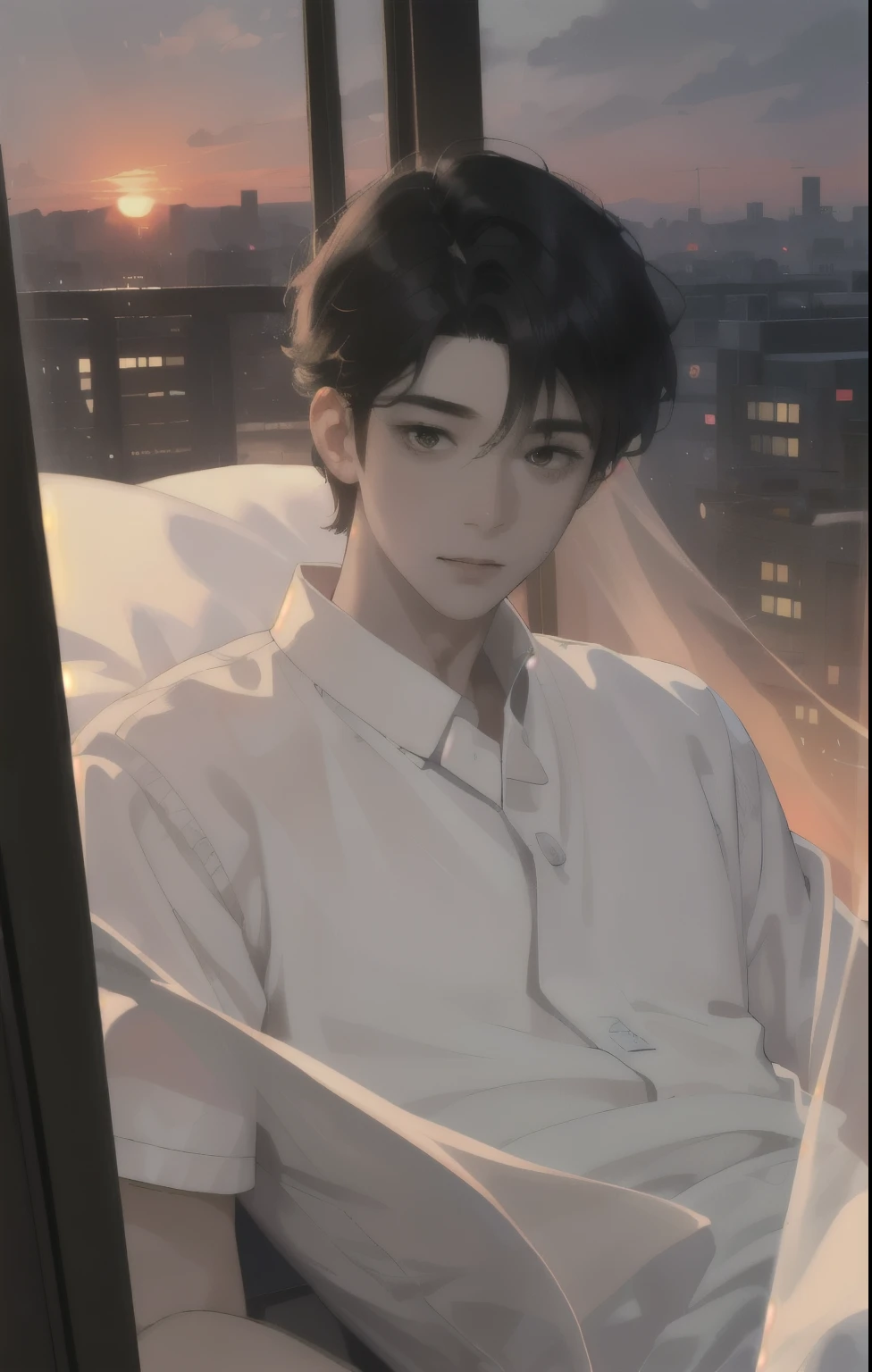 ((best quality)), ((masterpiece)), (detailed), A man lying in a hospital bed，Pale complexion，The brilliant sunset outside the window