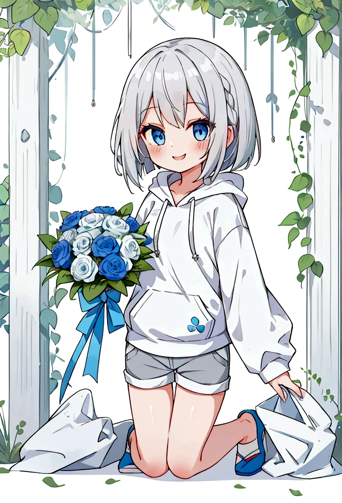 Girl,Silver Hair,blue eyes,Bob,birthday,whole body,White hoodie,Grey shorts,bouquet,smile,older sister