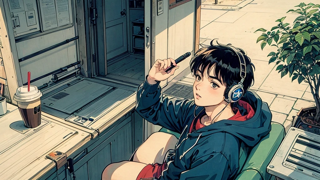 1 boy, 80s anime style, I have headphones on, coffee, Retro, Lo-Fi