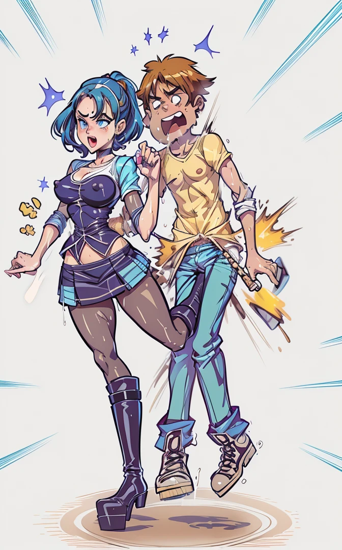 1 man 1 girl ;Sexy Manga comic sensual brunette girl blue eyes wet white t-shirt v-neckline, schoolar mini skirt and high heels boots she is squeezing a man in his groin big Dick, big balls burst(nsfw)(bigboob)(highly detailed) (concept art) (manga) (anime) (draw) (face anime detailed) (comics)(ballbusting)(wet t-shirt) (wet girl) (nipples)