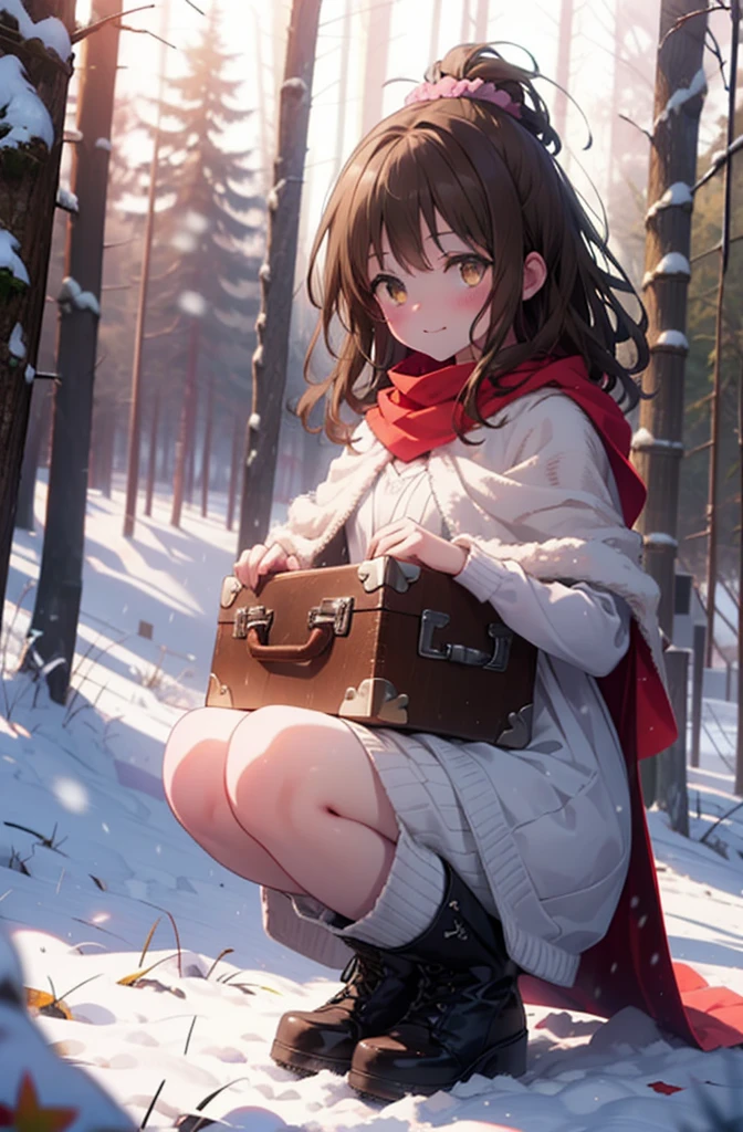Follow Us, Yuki mandarin orange, (Brown eyes:1.5), Brown Hair, hair ornaments, hair Scrunchie, Long Hair, pink Scrunchie, Scrunchie, (Flat Chest:1.2),smile,,smile,blush,White Breath,
Open your mouth,snow,Ground bonfire, Outdoor, boots, snowing, From the side, wood, suitcase, Cape, Blurred, , forest, White handbag, nature, Squat, Mouth closed, Cape, winter, Written boundary depth, Black shoes, red Cape break looking at viewer, Upper Body, whole body, break Outdoor, forest, nature, break (masterpiece:1.2), Highest quality, High resolution, unity 8k wallpaper, (shape:0.8), (Beautiful and beautiful eyes:1.6), Highly detailed face, Perfect lighting, Extremely detailed CG, (Perfect hands, Perfect Anatomy),