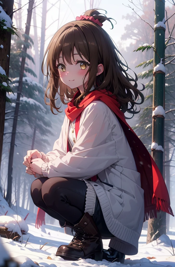 Follow Us, Yuki mandarin orange, (Brown eyes:1.5), Brown Hair, hair ornaments, hair Scrunchie, Long Hair, pink Scrunchie, Scrunchie, (Flat Chest:1.2),smile,,smile,blush,White Breath,
Open your mouth,snow,Ground bonfire, Outdoor, boots, snowing, From the side, wood, suitcase, Cape, Blurred, , forest, White handbag, nature,  Squat, Mouth closed, Cape, winter, Written boundary depth, Black shoes, red Cape break looking at viewer, Upper Body, whole body, break Outdoor, forest, nature, break (masterpiece:1.2), Highest quality, High resolution, unity 8k wallpaper, (shape:0.8), (Beautiful and beautiful eyes:1.6), Highly detailed face, Perfect lighting, Extremely detailed CG, (Perfect hands, Perfect Anatomy),