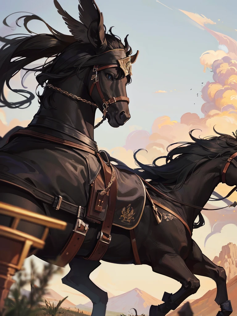 A warrior whose face is covered with a black cloth and is wearing an iron armor and helmet and is riding a black horse and is looking towards a village and a fort situated below a high mountain.
