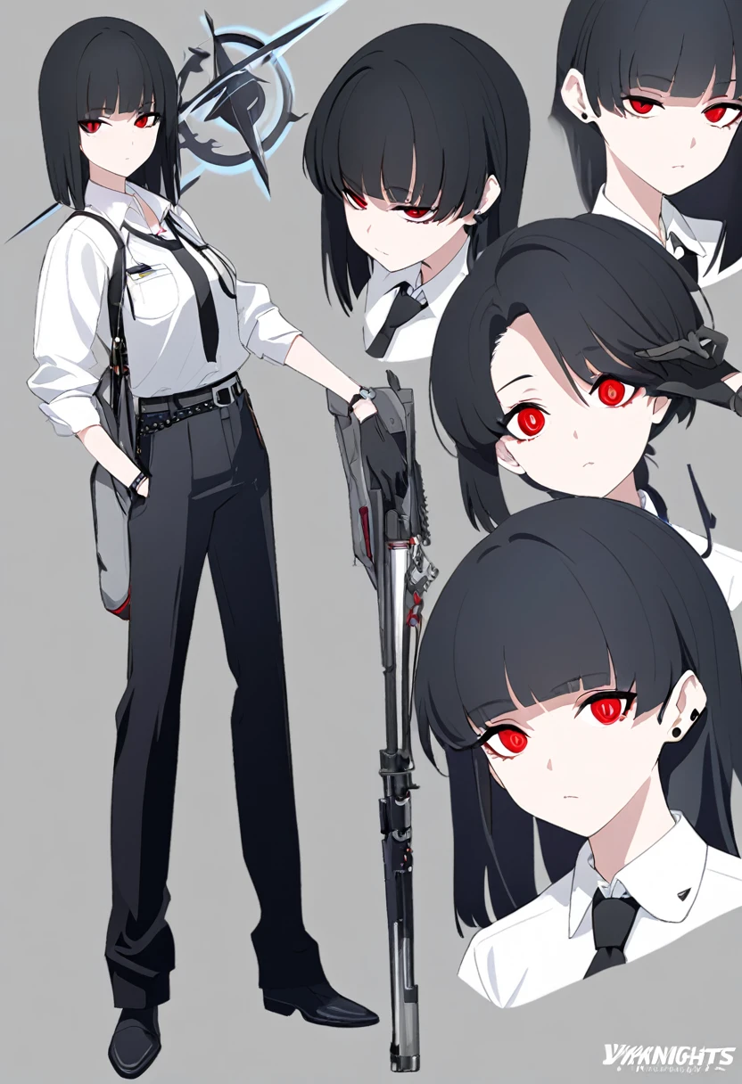 One woman,Dynamic,whole body,Are standing,mysterious,Concept Art,Character Design,Jet black straight hair,The bangs are trimmed to accentuate the eyes.,Short Hair,Well-proportioned face,Sharp Eyes,White shirt and black tie,Black slacks,Silver cufflinks on the left hand,On the ring finger of her right hand she wears a simple silver ring.。Luxury watches,Black leather shoes,beltでウエストラインを強調,Arknights Wind,Stylish,Red eyes,belt,Stylishな赤い模様の上着,Stylish,Simple background gray,Details,Okabo Hair,Half-open eyes,Cool appearance,Multiple Views,Black gloves,