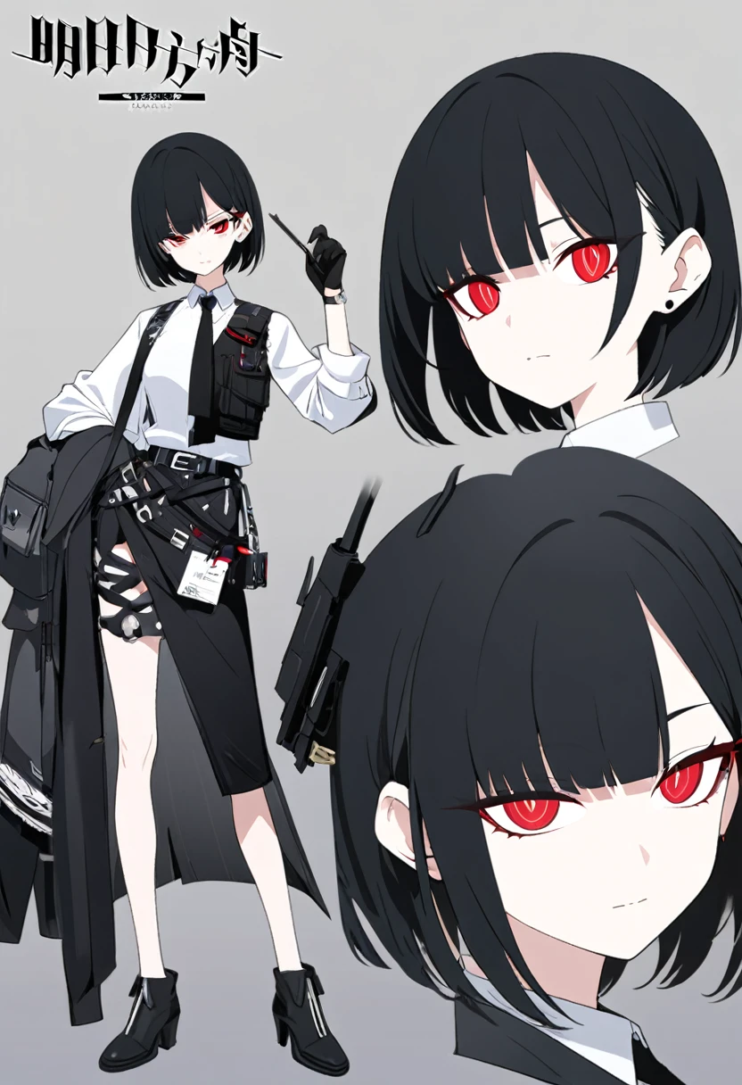 One woman,Dynamic,whole body,Are standing,mysterious,Concept Art,Character Design,Jet black straight hair,The bangs are trimmed to accentuate the eyes.,Short Hair,Well-proportioned face,Sharp Eyes,White shirt and black tie,Black slacks,Silver cufflinks on the left hand,On the ring finger of her right hand she wears a simple silver ring.。Luxury watches,Black leather shoes,beltでウエストラインを強調,Arknights Wind,Stylish,Red eyes,belt,Stylishな赤い模様の上着,Stylish,Simple background gray,Details,Okabo Hair,Half-open eyes,Cool appearance,Multiple Views,Black gloves,