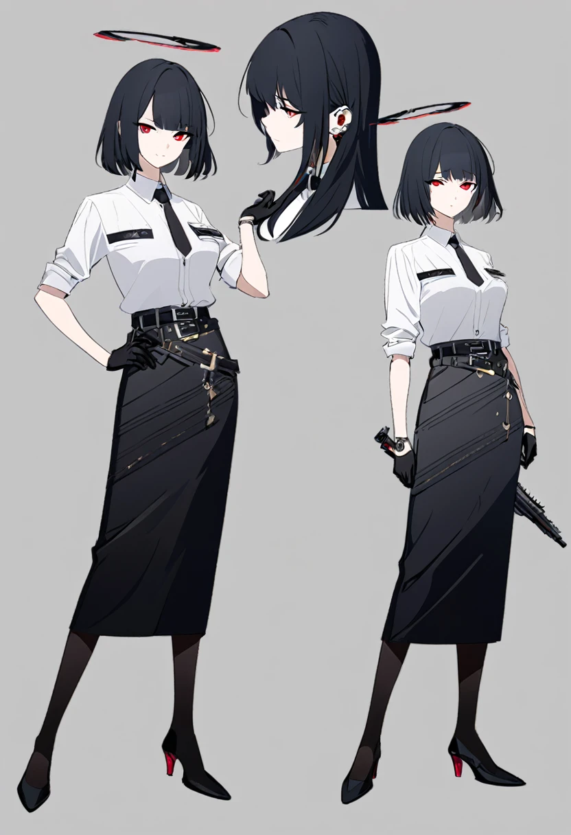 One woman,Dynamic,whole body,Are standing,mysterious,Concept Art,Character Design,Jet black straight hair,The bangs are trimmed to accentuate the eyes.,Short Hair,Well-proportioned face,Sharp Eyes,White shirt and black tie,Black slacks,Silver cufflinks on the left hand,On the ring finger of her right hand she wears a simple silver ring.。Luxury watches,Black leather shoes,beltでウエストラインを強調,Arknights Wind,Stylish,Red eyes,belt,Stylishな赤い模様の上着,Stylish,Simple background gray,Details,Okabo Hair,Half-open eyes,Cool appearance,Multiple Views,Black gloves,