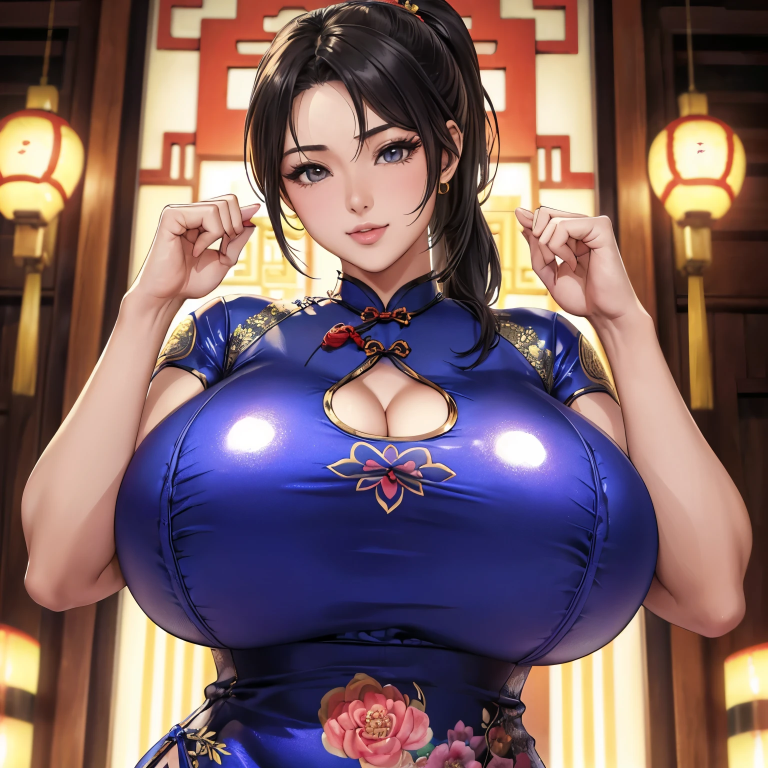 blue costume,Wink at me,stick out tongue,wearing a black mask,  
glitter beaded dress,black gloves,laughter,Other than NSWF,Fubuki,black haired,wavy hair,A masterpiece of the highest quality, 1 girl, alone, looking at the viewer, belly button,Super huge胸,very big胸,Super huge , cleavage of the breast, blush ,1 girl, big breasts, cleavage, towards the audience, very big, (big valley), (big saggy breasts), at the hotel, sexy, glamorous, wet body .