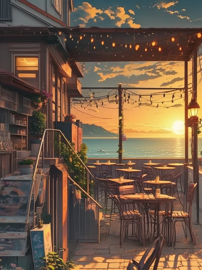 a painting of a patio with tables and chairs and a sunset, anime background art, cozy cafe background, anime background, beautiful ambiance, beautiful ambience, anime scenery, beautiful anime scene, beautiful anime scenery, anime aesthetic, beautiful detailed scene, overlooking the ocean, watching the sun set. anime, scenery wallpaper aesthetic, golden hour scene, anime vibes