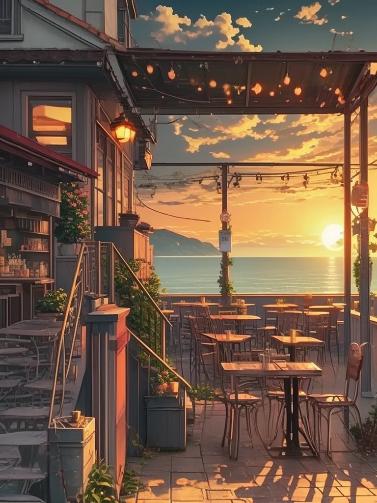 a painting of a patio with tables and chairs and a sunset, anime background art, cozy cafe background, anime background, beautiful ambiance, beautiful ambience, anime scenery, beautiful anime scene, beautiful anime scenery, anime aesthetic, beautiful detailed scene, overlooking the ocean, watching the sun set. anime, scenery wallpaper aesthetic, golden hour scene, anime vibes