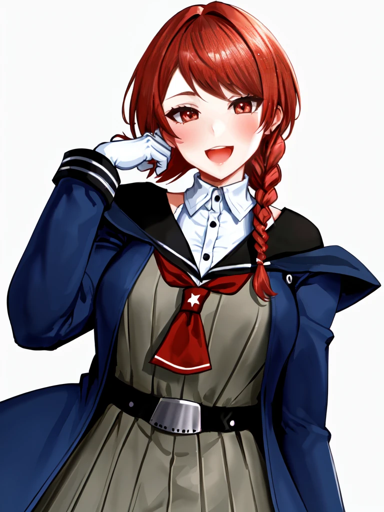 nevada \(kancolle\), 1girl, solo, gloves, simple background, white gloves, smile, open mouth, twin braids, looking at viewer, dress, sailor collar, blush, white background, long sleeves, bangs, holding, grey dress, :d, grey background, hand up, belt, jewelry, earrings, breasts, jacket, coat, original, intricate detail, illustration, masterpiece, extremely detailed CG unity 8k wallpaper, highlight, sharpening, dynamic,
