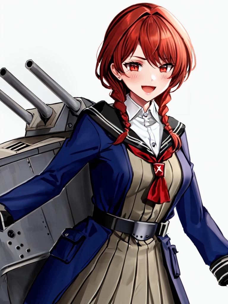 nevada \(kancolle\), 1girl, solo, gloves, simple background, white gloves, smile, open mouth, twin braids, looking at viewer, dress, sailor collar, blush, white background, long sleeves, bangs, holding, grey dress, :d, grey background, hand up, belt, jewelry, earrings, breasts, jacket, coat, original, intricate detail, illustration, masterpiece, extremely detailed CG unity 8k wallpaper, highlight, sharpening, dynamic,