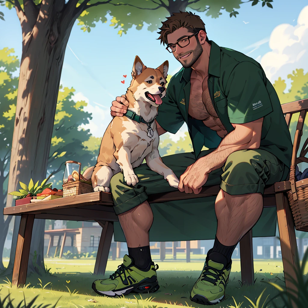 a man with a dark blond beard well groomed ,a dark blond hair   , a golden retriever dog sitting near him, the man wearing( glasses, topless and hairy chest ,(dark green short ),(dark green shoes),in a park, the man sitting over a table  cloth on the grass near picnic basket , high well detailed face fingers body parts  focus, happy smile, happy dog, heart-warming, seen from the front to side