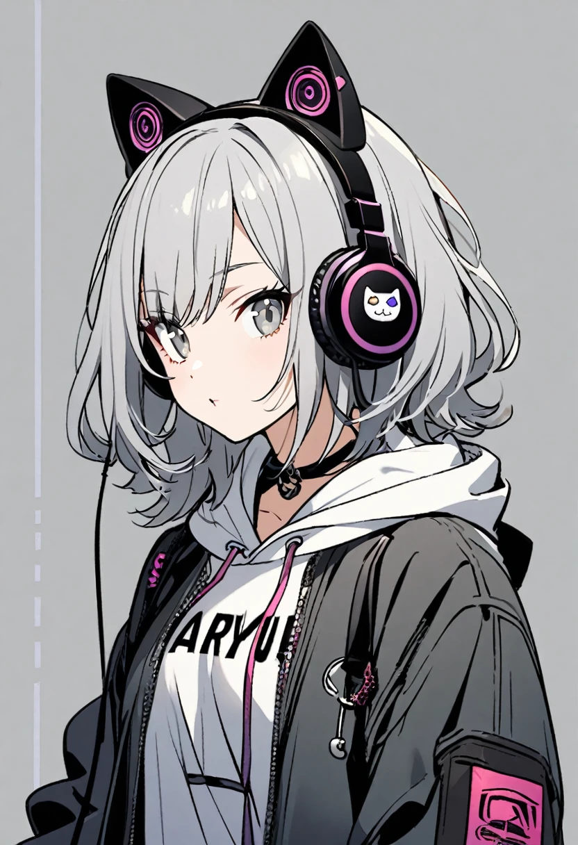 1 girl, gray hair, cat ear, headphone, hoodie, stylish