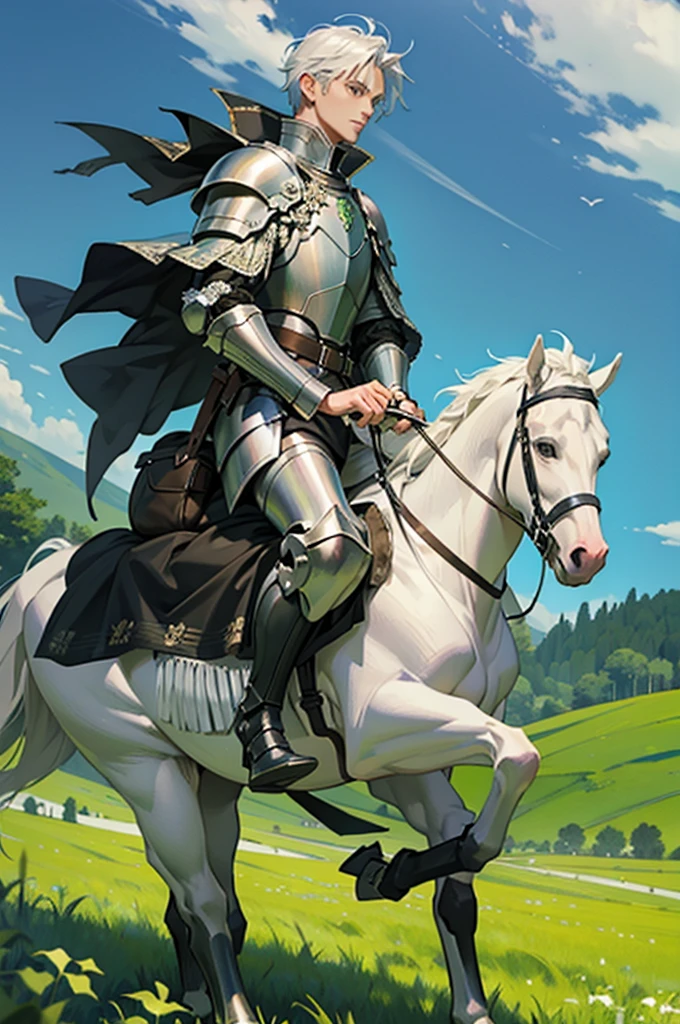 Knight in armor riding a white horse on a green meadow