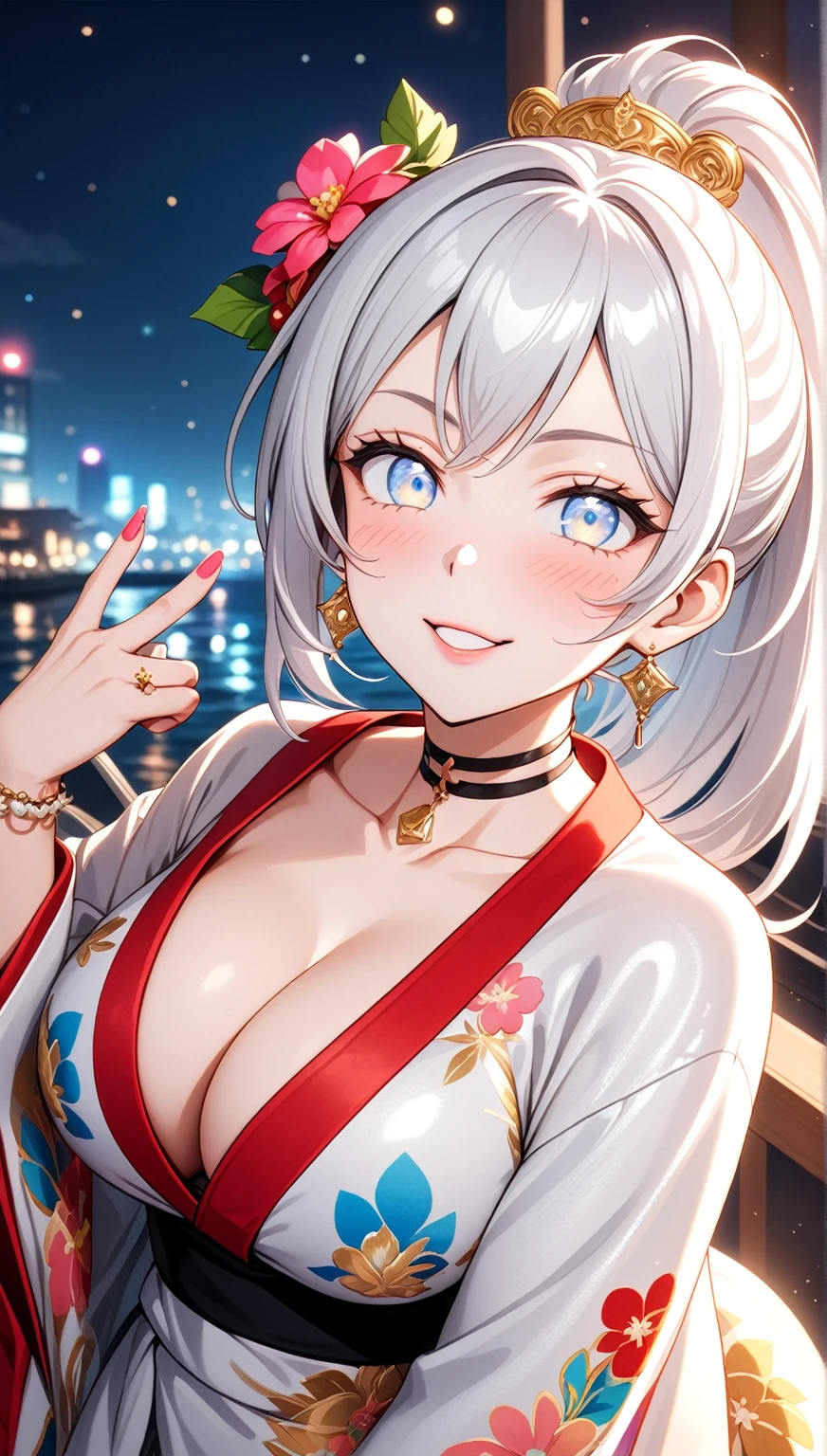 ((One personの女性)), Beautiful Face,Laughing shyly,((Wink:2.0)),Laugh with your mouth wide open((Bright red cheeks:1.4)),Glossy pink lips,night,rooftop,Festive decorations,You can see the ocean, firework,Laughing with your mouth open,Glossy pink lips,Lighting on the face,((Anime style background)),masterpiece, Highest quality, so beautiful,Latest, Complex details, (Pink long nails),(ring),(bracelet),(choker),AI-generated, Complex,High resolution, Highest quality, super high quality,3D Images、View your viewers、3D Images,One person,Long white hair,High Ponytail,(blue eyes),Anime woman posing for a photo, ((Fine grain、Silvery white colorful eyes、Shining Eyes:1.4)),(Squint your eyes:1.1),a hyperRealistic , hyperRealistic , Realistic,Anime woman with long and white hair, Smooth anime CG art, A woman in a colorful kimono with gold embroidery, (Black long sleeve kimono),Red floral pattern,Long flower hair ornament,Big earrings,Mature Body,(Big Breasts:1.1),Tall,Abdominal muscles,Narrow waist,(Zoom in on face:1.7),Shooting from below at an angle