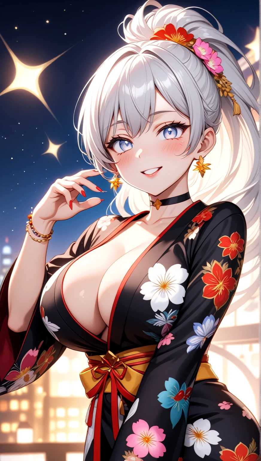 ((One personの女性)), Beautiful Face,Laughing shyly,((Wink:2.0)),Laugh with your mouth wide open((Bright red cheeks:1.4)),Glossy pink lips,night,rooftop,Festive decorations,You can see the ocean, firework,Laughing with your mouth open,Glossy pink lips,Lighting on the face,((Anime style background)),masterpiece, Highest quality, so beautiful,Latest, Complex details, (Pink long nails),(ring),(bracelet),(choker),AI-generated, Complex,High resolution, Highest quality, super high quality,3D Images、View your viewers、3D Images,One person,Long white hair,High Ponytail,(blue eyes),Anime woman posing for a photo, ((Fine grain、Silvery white colorful eyes、Shining Eyes:1.4)),(Squint your eyes:1.1),a hyperRealistic , hyperRealistic , Realistic,Anime woman with long and white hair, Smooth anime CG art, A woman in a colorful kimono with gold embroidery, (Black long sleeve kimono),Red floral pattern,Long flower hair ornament,Big earrings,Mature Body,(Big Breasts:1.1),Tall,Abdominal muscles,Narrow waist,(Zoom in on face:1.7),Shooting from below at an angle