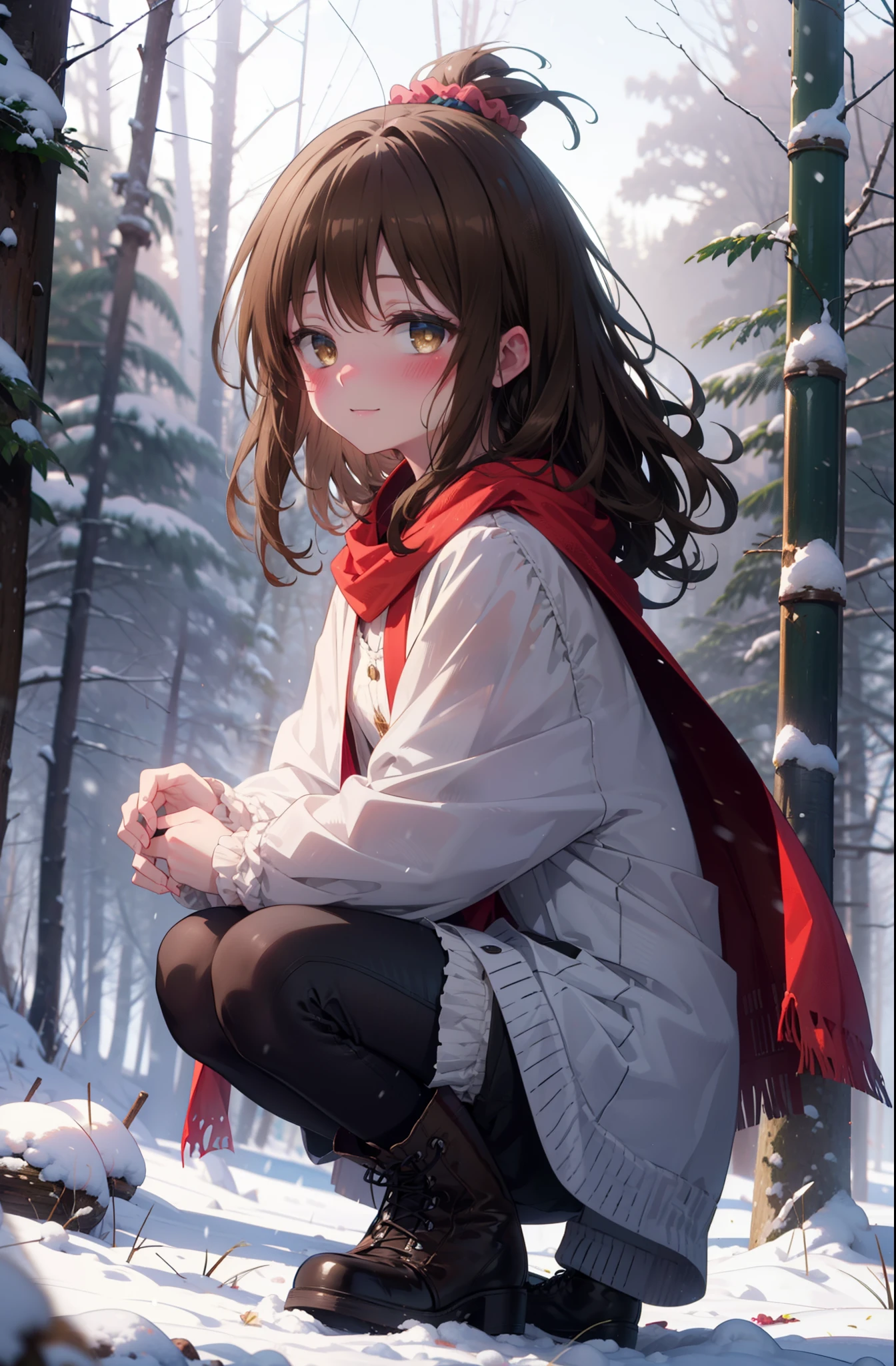 Follow Us, Yuki mandarin orange, (Brown eyes:1.5), Brown Hair, hair ornaments, hair Scrunchie, Long Hair, pink Scrunchie, Scrunchie, (Flat Chest:1.2),smile,,smile,blush,White Breath,
Open your mouth,snow,Ground bonfire, Outdoor, boots, snowing, From the side, wood, suitcase, Cape, Blurred, , forest, White handbag, nature,  Squat, Mouth closed, Cape, winter, Written boundary depth, Black shoes, red Cape break looking at viewer, Upper Body, whole body, break Outdoor, forest, nature, break (masterpiece:1.2), Highest quality, High resolution, unity 8k wallpaper, (shape:0.8), (Beautiful and beautiful eyes:1.6), Highly detailed face, Perfect lighting, Extremely detailed CG, (Perfect hands, Perfect Anatomy),