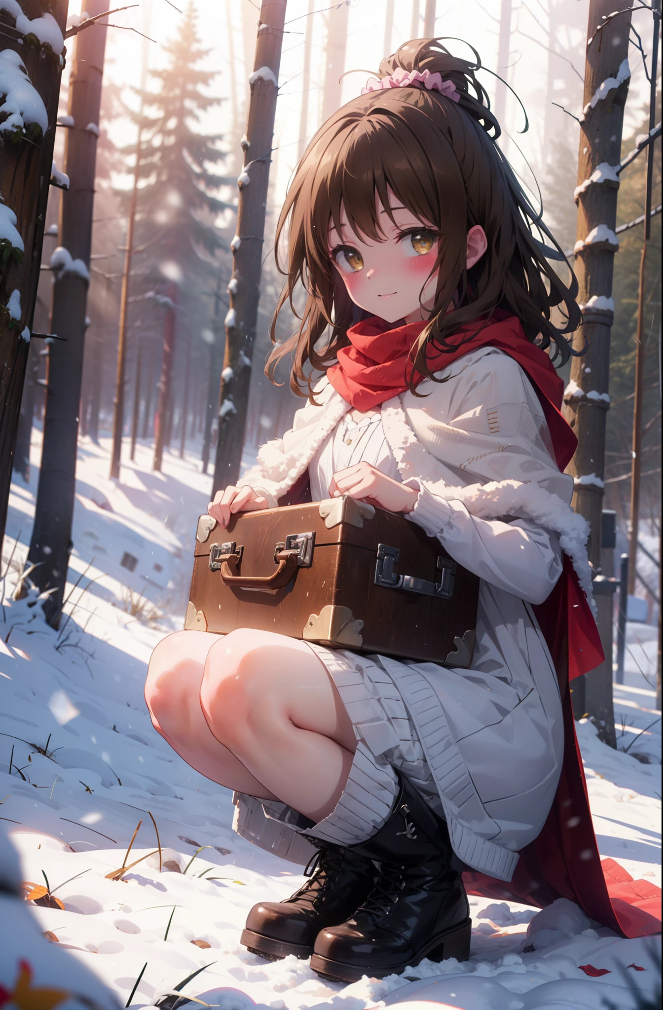 Follow Us, Yuki mandarin orange, (Brown eyes:1.5), Brown Hair, hair ornaments, hair Scrunchie, Long Hair, pink Scrunchie, Scrunchie, (Flat Chest:1.2),smile,,smile,blush,White Breath,
Open your mouth,snow,Ground bonfire, Outdoor, boots, snowing, From the side, wood, suitcase, Cape, Blurred, , forest, White handbag, nature,  Squat, Mouth closed, Cape, winter, Written boundary depth, Black shoes, red Cape break looking at viewer, Upper Body, whole body, break Outdoor, forest, nature, break (masterpiece:1.2), Highest quality, High resolution, unity 8k wallpaper, (shape:0.8), (Beautiful and beautiful eyes:1.6), Highly detailed face, Perfect lighting, Extremely detailed CG, (Perfect hands, Perfect Anatomy),