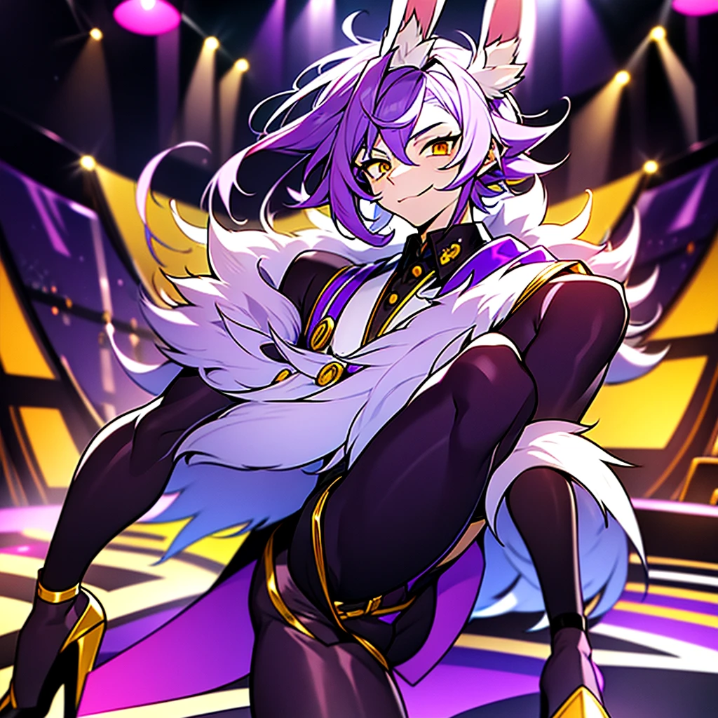 furry art, furry, rabbit boy, Rabbit, main color is purple and white, a tuft of yellow hair, 20 years old, 175cm tall, purple hair, looks handsome, big ears, yellow eyes, magician, magician wearing, in the style of furry art, Furry, full body, stage, magic show