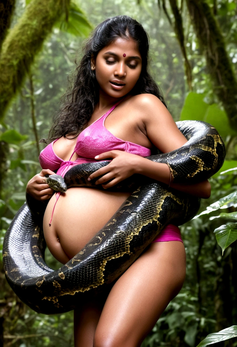  Pregnant Topless  pink thong wearing aroused horny beautiful happy young Indian  girl vs  Giant colossal black anaconda monster wrapped around her body squeezing her in coiled embrace cuddling and kissing  sexual erotic bestiality  sex  realistic in the rainforest full body, best quality wet top quality perfect body 