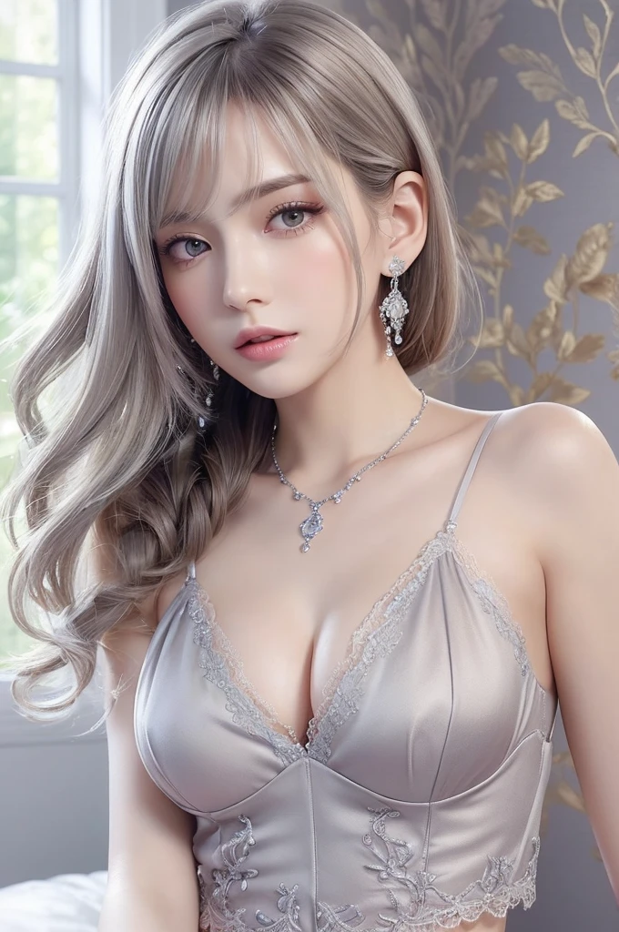 silver lace thong&Good, (((Very elegant and beautiful, Perfect detail, Super detailed))), whole body, The most detailed girl, Depth of written boundary, 美しく詳細なwhole body, Thin legs, 1 girl, 30 years old, Very short hair, Spiked Hair, Gray and silver hair, Beautiful detailed hair, Perfect Face, Expressionless, Beautifully detailed deep eyes, Open your mouth a little, Delicate arms and hands, Pale skin, Earrings, Beautiful and gorgeous necklace, Colorful background, HD background, Blurred Background, Very delicate and beautiful, Masterpiece, (((Highest quality, Very beautiful 8K CG wallpaper))), (((Trendy hairstyles))), (Inside the room,Stylish interior,window),
