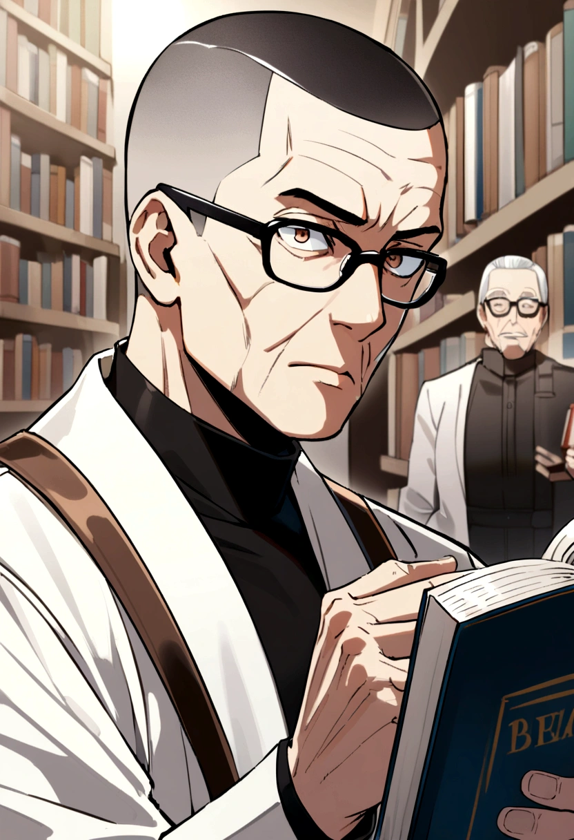 60 year old man with crew cut, brown eyes, black glasses, black high collar long sleeve shirt, white jacket, likes books