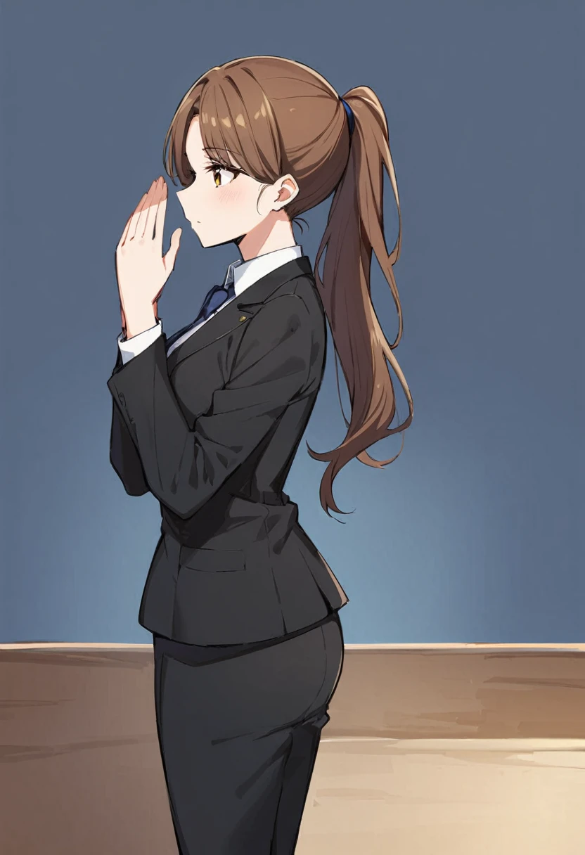 1 Girl, suit, office lady, Black trousers, Black blazer, Brown Hair, Long Hair, teenager, ponytail, Cover your nose with your hand