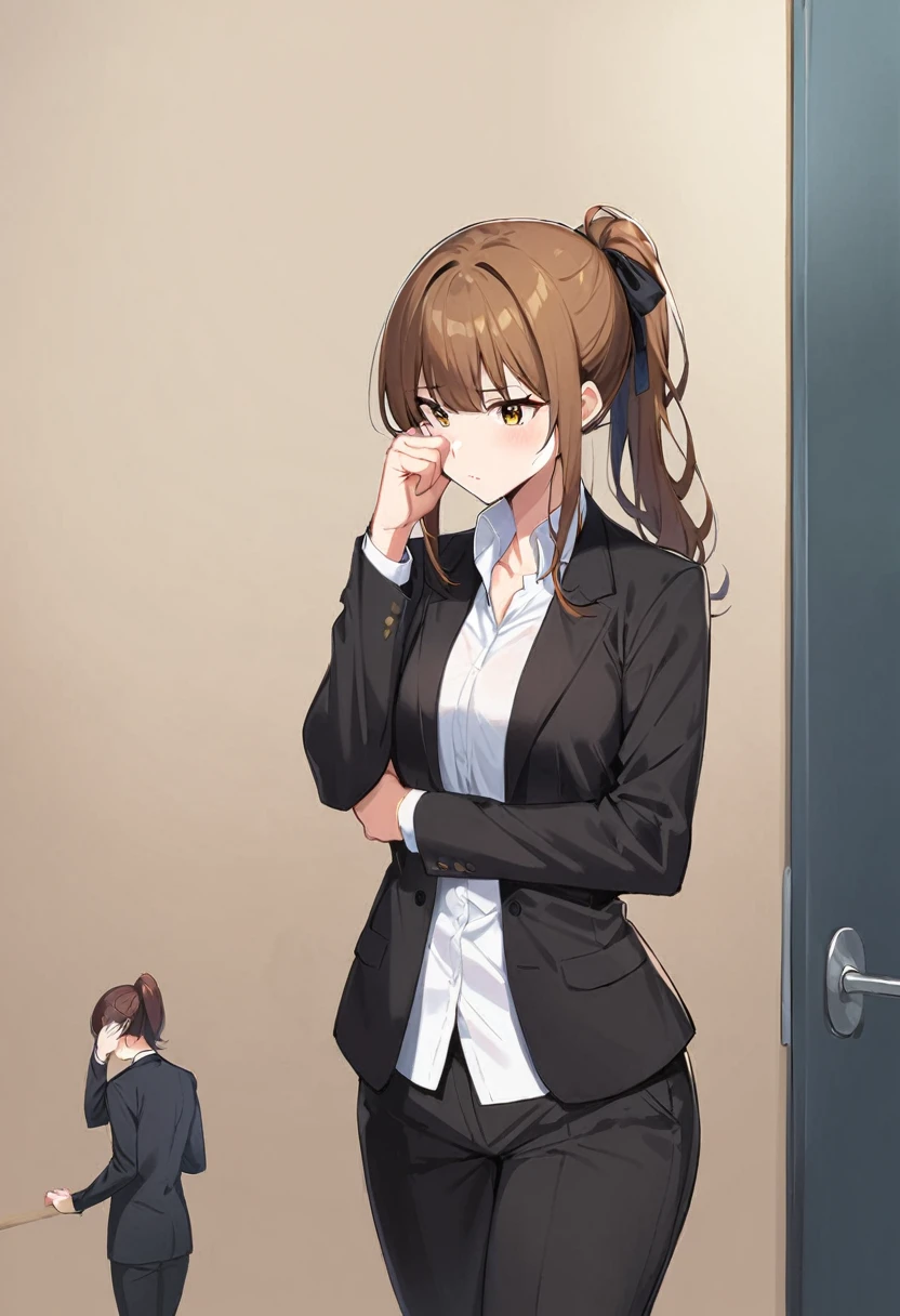 1 Girl, suit, office lady, Black trousers, Black blazer, Brown Hair, Long Hair, teenager, ponytail, Cover your nose with your hand