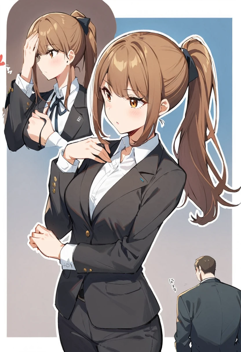 1 Girl, suit, office lady, Black trousers, Black blazer, Brown Hair, Long Hair, teenager, ponytail, Cover your nose with your hand