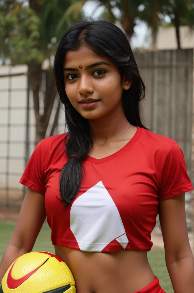 Indian girl playing with football and red t shirt 