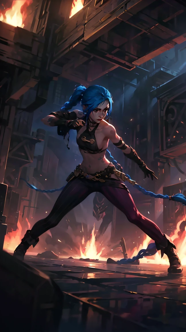 (masterpiece, Best quality), 1 girl, portrait, very sexy, crazy look, smile, crying, pink tears, tears on the cheeks, tears from eyes, full length (full body 1.1.), очень feminine, fighting stance, battle, fire, explosions, burning city, beautiful waist, gloomy composition, flame, fire, Flash, very beautiful, feminine, long hair, hair braided in long braids, very sexy, tight leather pants, emphasis on the eyes, face accent, Beautiful face, Hands, Hair, Haired ponytail, red purple eyes, Джинкс crying, Blue cloud tattoo, (masterpiece, Best quality), Side lighting, beautiful detailed eyes, crazy face), (Best quality), (masterpiece), magic photography, Spectacular lighting, Photorealism, ultra detailed, интимная portraitная композиция, 1. 4,8 k UHD, aesthetic, Cd., A high resolution, 8 k, better lighting, Best shade, Ultra-HD, A high resolution, sharp focus, Complex background, Cinematic lighting, ((Landscape view)), 4K block, (better lighting), ((Cinematic lighting)),