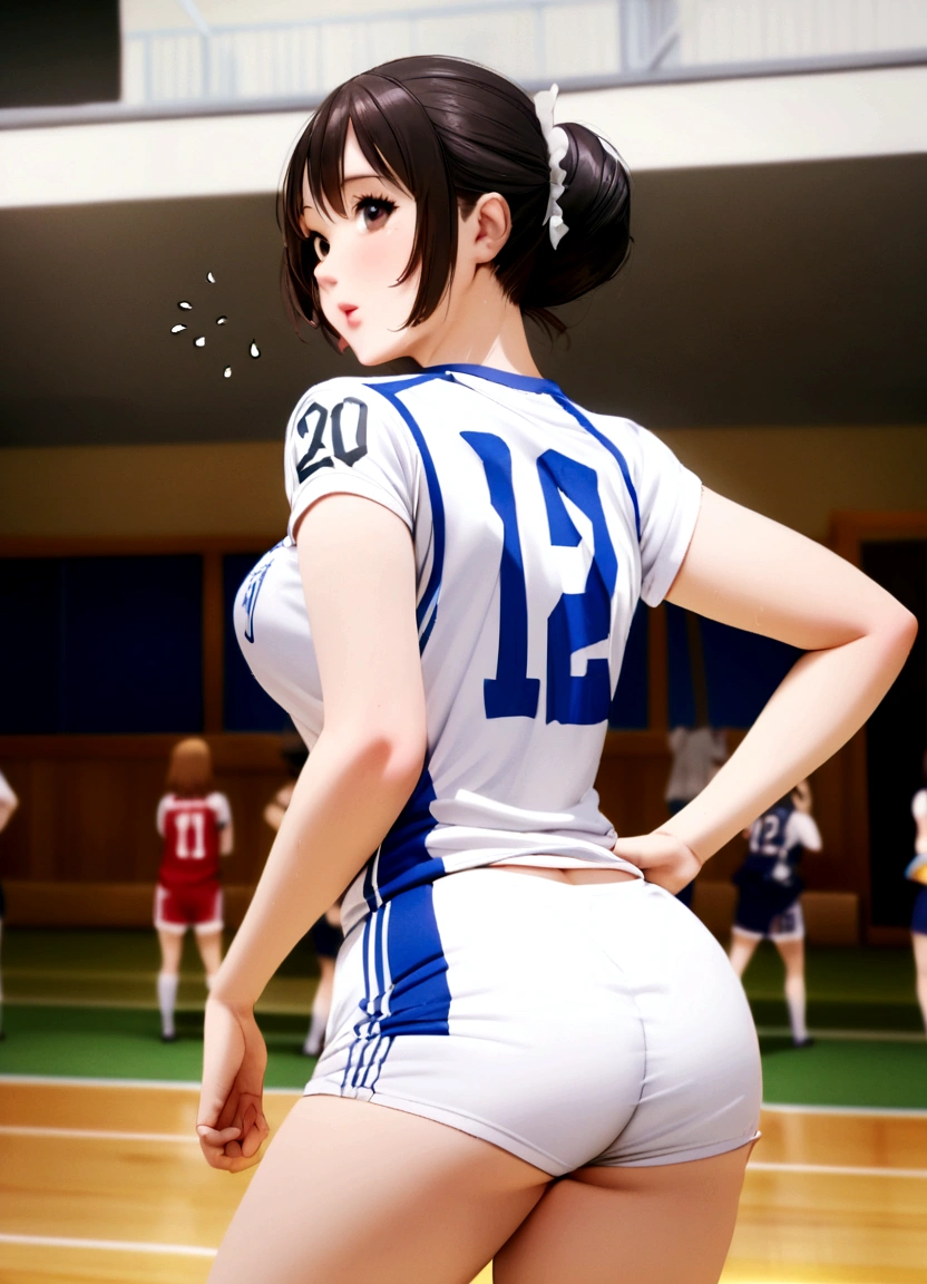 A woman in her 40s wearing a white and blue uniform poses for a photo, Wearing a volleyball jersey, Buckshot, Rear view, harumi, sakimichan hdri, mayuri shiina, Japanese Model, For whom?, tsubasa hanekawa, Nishimiya Shoko, Medium shot taken from behind, View from behind, chiho ashima