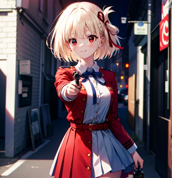 chisatonishikigi, Nishikigi chisato, short hair, bangs, blonde hair, (red eyes:1.5), hair ribbon, one side up, bob cut,smile,triumphant,
break shirt, long sleeve, dress, ribbon, white shirt, collared shirt, belt, neck ribbon, red dress, blue ribbon, pleated dress, grey dress, two-tone dress, Red belt, uniform liquor,Target, have a pistol, hand gun, Break outdoors with knees on the ground, city,alley,
break looking at viewer, (cowboy shot:1.5),
break (masterpiece:1.2), highest quality, High resolution, unity 8k wallpaper, (shape:0.8), (fine and beautiful eyes:1.6), highly detailed face, perfect lighting, Very detailed CG, (perfect hands, perfect anatomy),