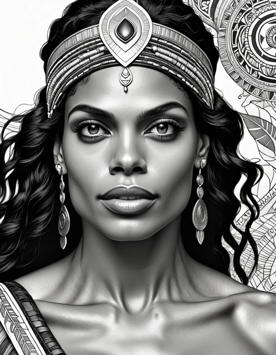 a beautiful attractive african american woman,(Aesthetic representation of Rosario Dawson as Ashoka Tano), nude skin, full body(important),athletic physique, well-toned and fit body, slender, elegant form, nude skin, intricate detailed face, detailed eyes, detailed nose, detailed lips, Hyper realistic, 8K, coloring pages for adults, intricate and bold ink illustration, incredibly detailed lines, detailed drawing in black and white, ink art,