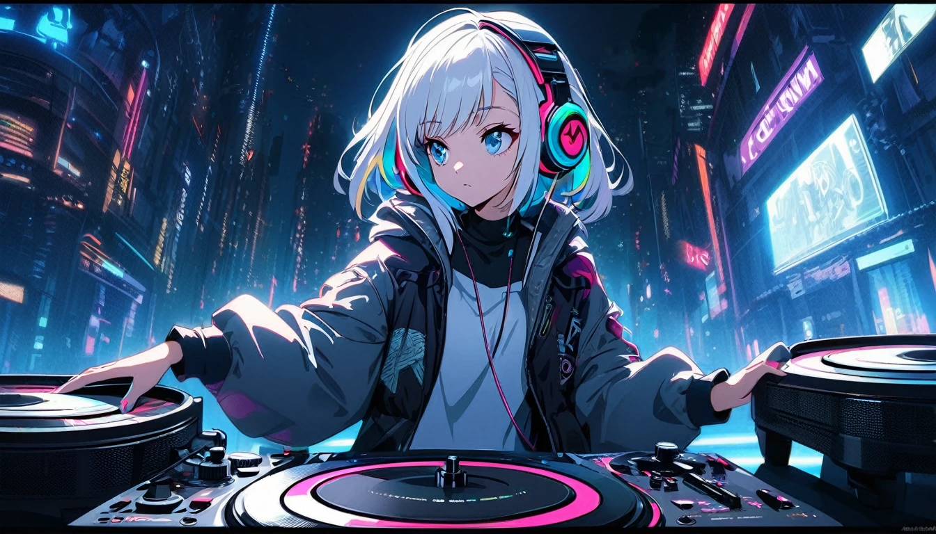 Handsome cute, Solitary, 1 female, Medium Length Hair, white hair, Rainbow hair, blue Eyes, Rainbow headphone, hip-hop stile, Futuristic, Cyberpunk, Cybernetics panoramic, in the night, looking away, Dj, turn the turntable,