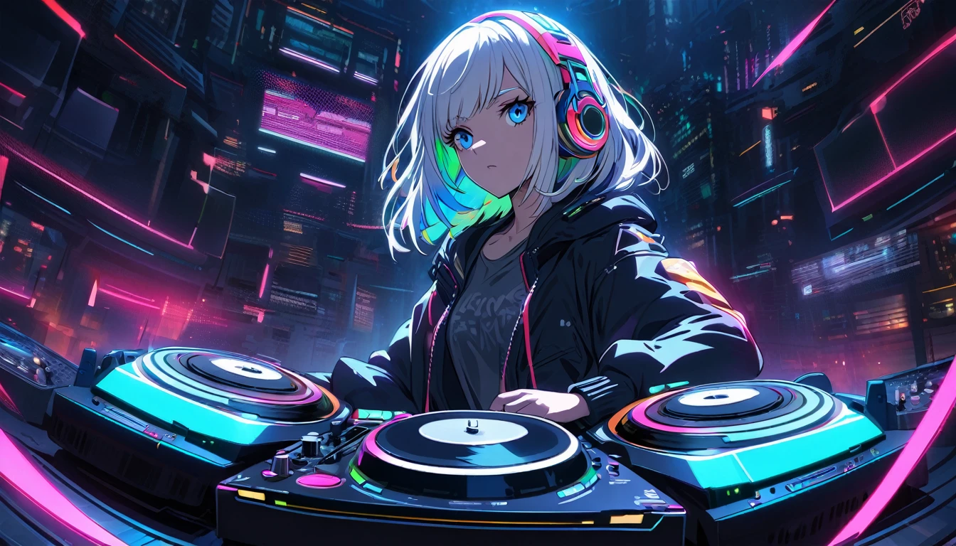 Handsome cute, Solitary, 1 female, Medium Length Hair, white hair, Rainbow hair, blue Eyes, Rainbow headphone, hip-hop stile, Futuristic, Cyberpunk, Cybernetics panoramic, in the night, looking away, Dj, turn the turntable,