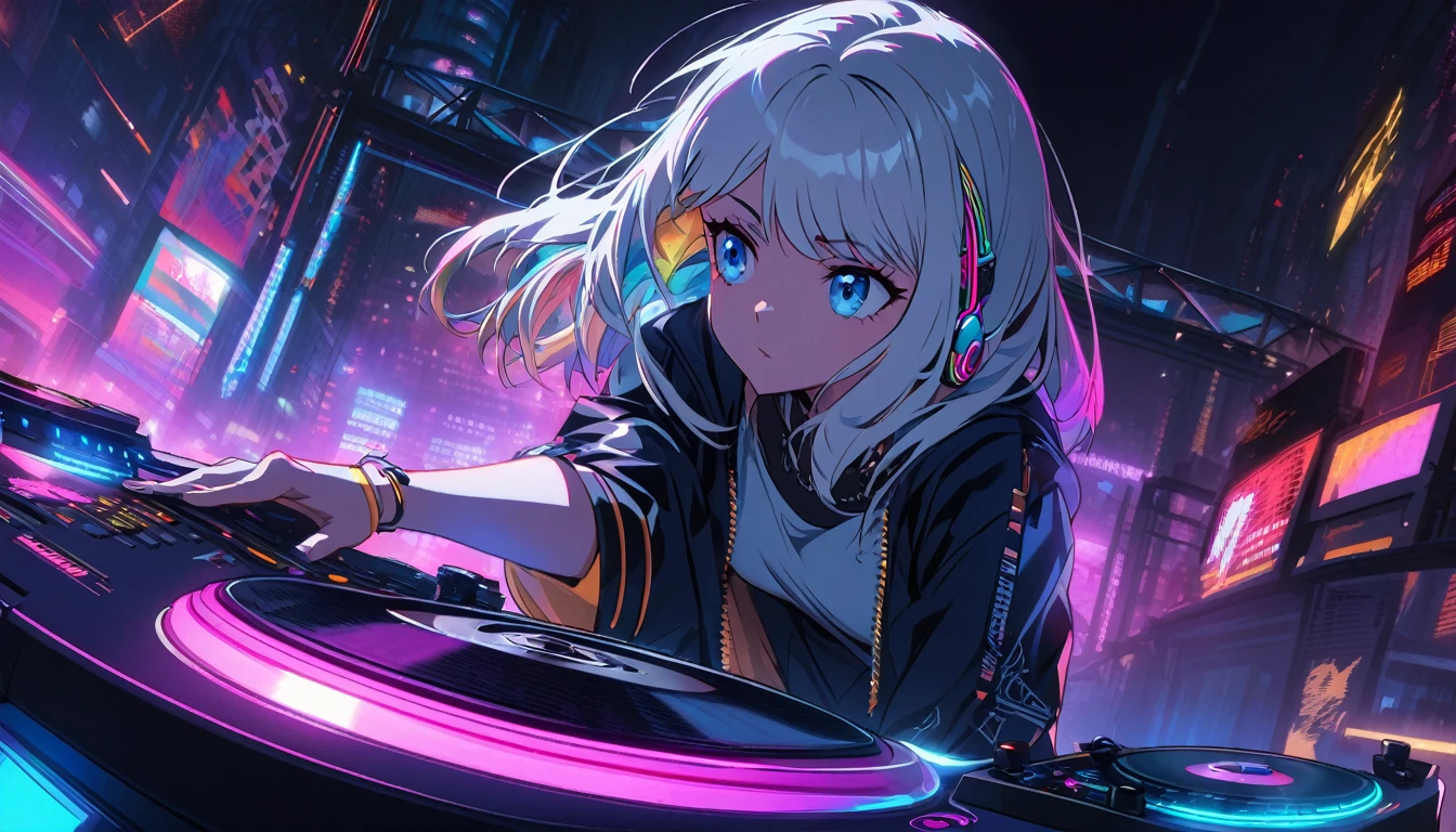 Handsome cute, Solitary, 1 female, Medium Length Hair, white hair, Rainbow hair, blue Eyes, Rainbow headphone, hip-hop stile, Futuristic, Cyberpunk, Cybernetics panoramic, in the night, looking away, Dj, turn the turntable,